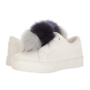 Sam Edelman Leya White/Grey Faux fur Pom Pom low top slip on womens sneakers